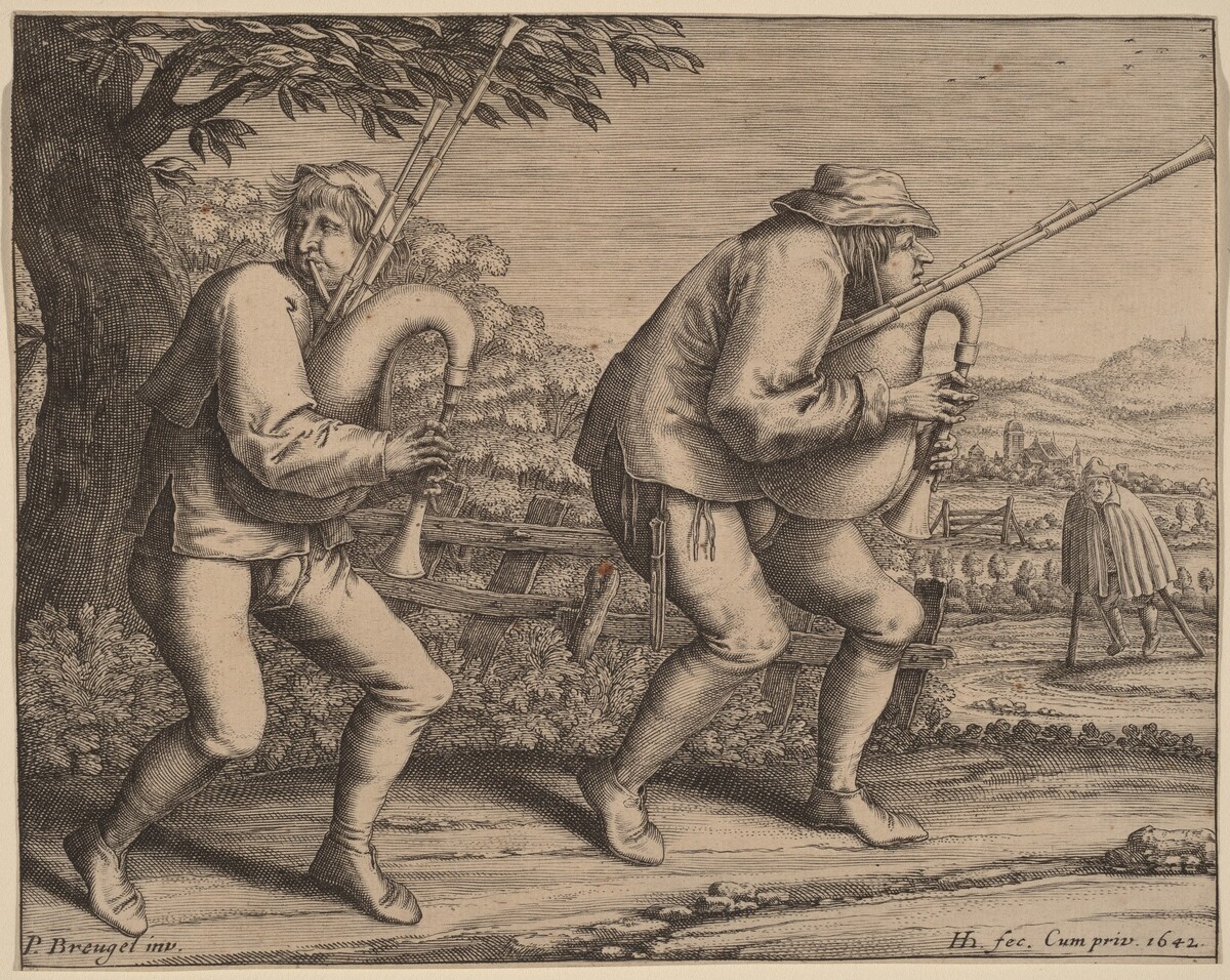 Two Bagpipe Players by Hendrik Hondius I after Pieter Bruegel the Elder