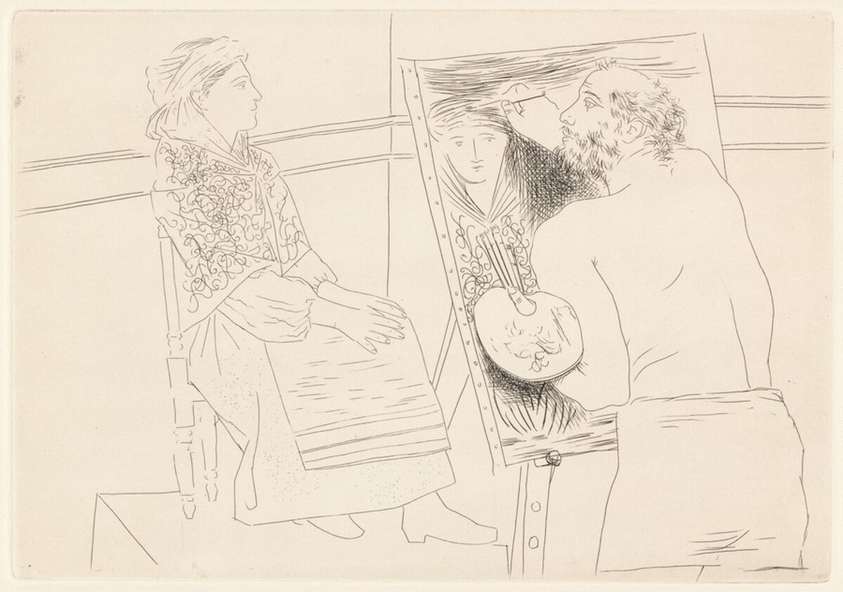 Peintre chauve devant son chevalet (Bald Painter at His Easel) by Pablo Picasso, Honoré de Balzac (author)