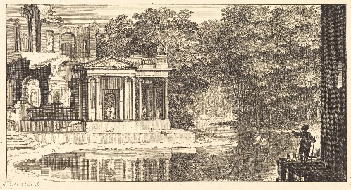 Landscape with Temple Ruins and Pond by Sébastien Le Clerc I