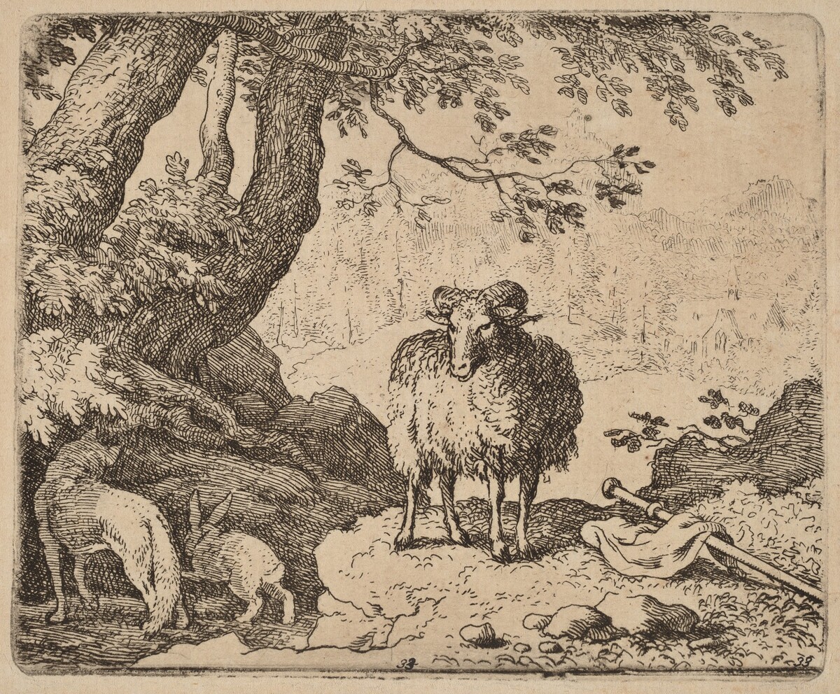 Reynard Returns Home, Accompanied by the Ram and the Rabbit by Allart van Everdingen