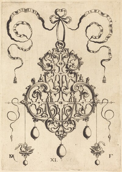 Strapwork Pendant with Two Swans as Earrings at Left and Right