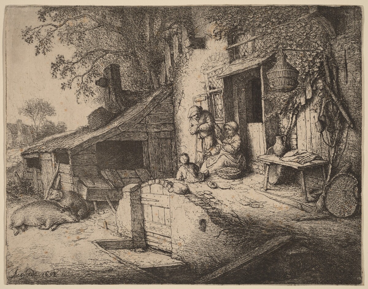 Farmstead wtih a Peasant Family Outside the Front Door, the Woman Spinning by Adriaen van Ostade