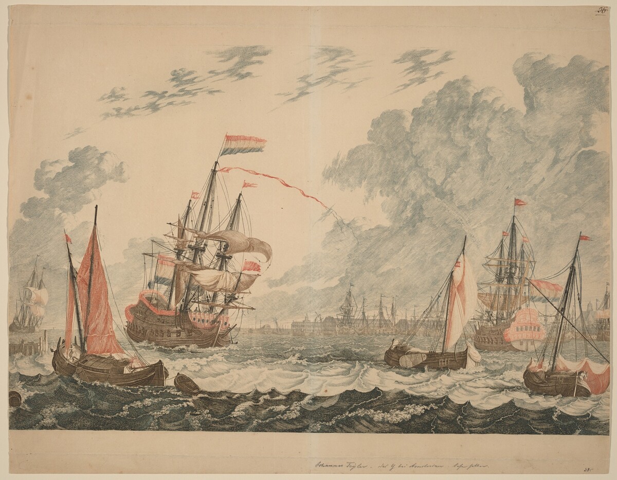 Amsterdam, Ships at the IJ on Choppy Water by Workshop of Johann Teyler after Johannes van den Aveele (formerly after Jan van Call)