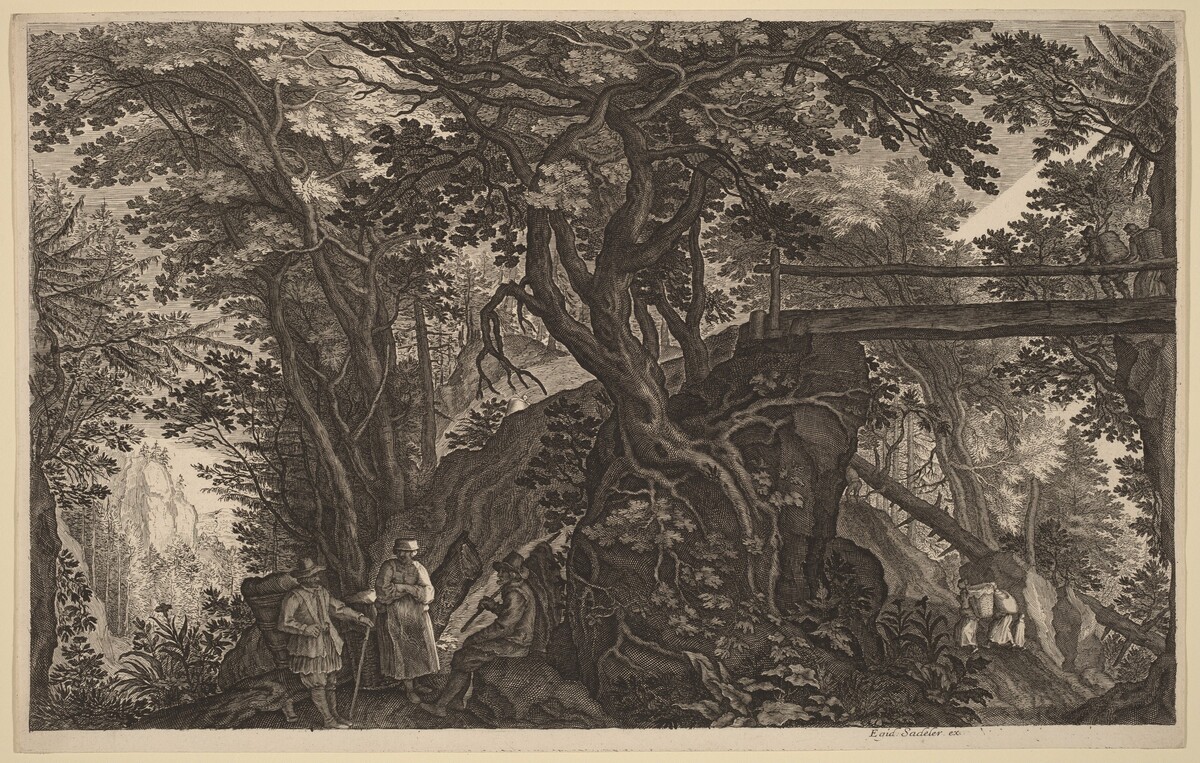 Forest Landscape with Two Men and a Woman Resting near a Bridge by Aegidius Sadeler II after Pieter Stevens