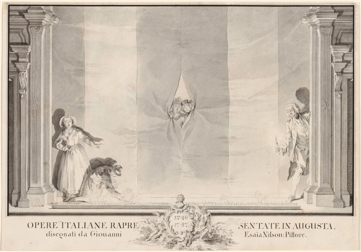 Two Actors Peeking through a Theater Curtain while Others Prepare the Footlights by Johann Esaias Nilson