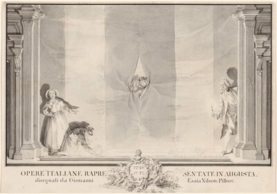 Two Actors Peeking through a Theater Curtain while Others Prepare the Footlights