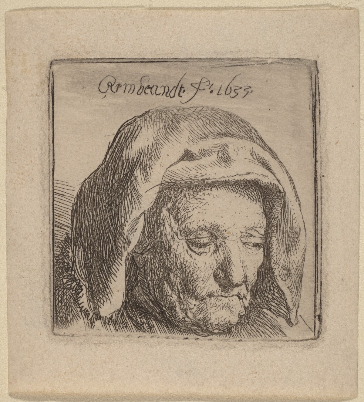 The Artist's Mother in a Cloth Headdress, Looking Down by Rembrandt van Rijn