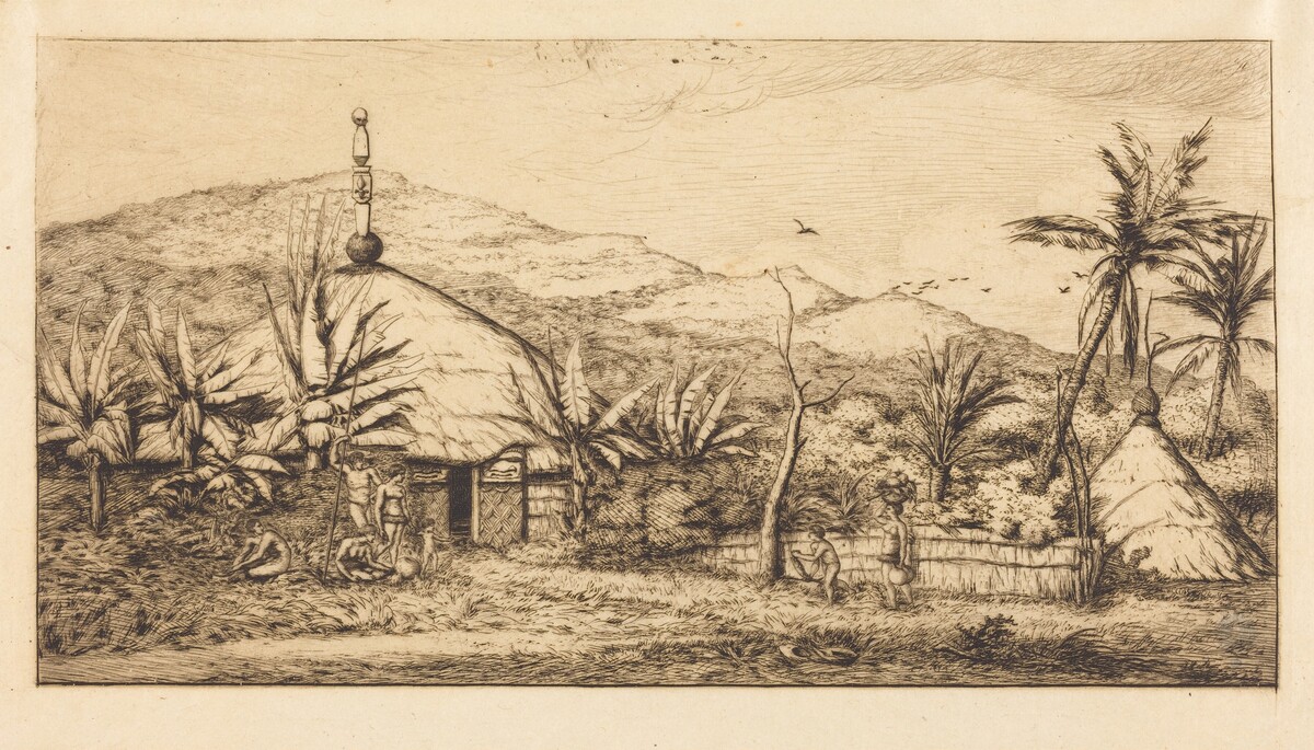 Nouvelle-Calédonie: Grande case indigène sur le chemin de Ballade à Poepo, 1845 (New Caledonia: Large Native Hut on the Road from Balade to Puebo, 1845) by Charles Meryon