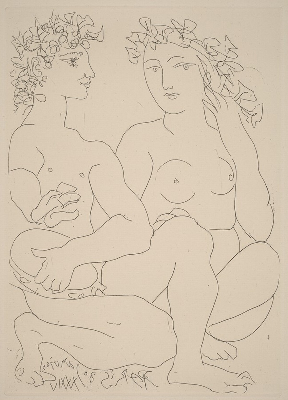 Young Bacchus with a Tambourine, with a Bacchante (Jeune Bacchus au tambourin, avec un Bacchante) by Pablo Picasso