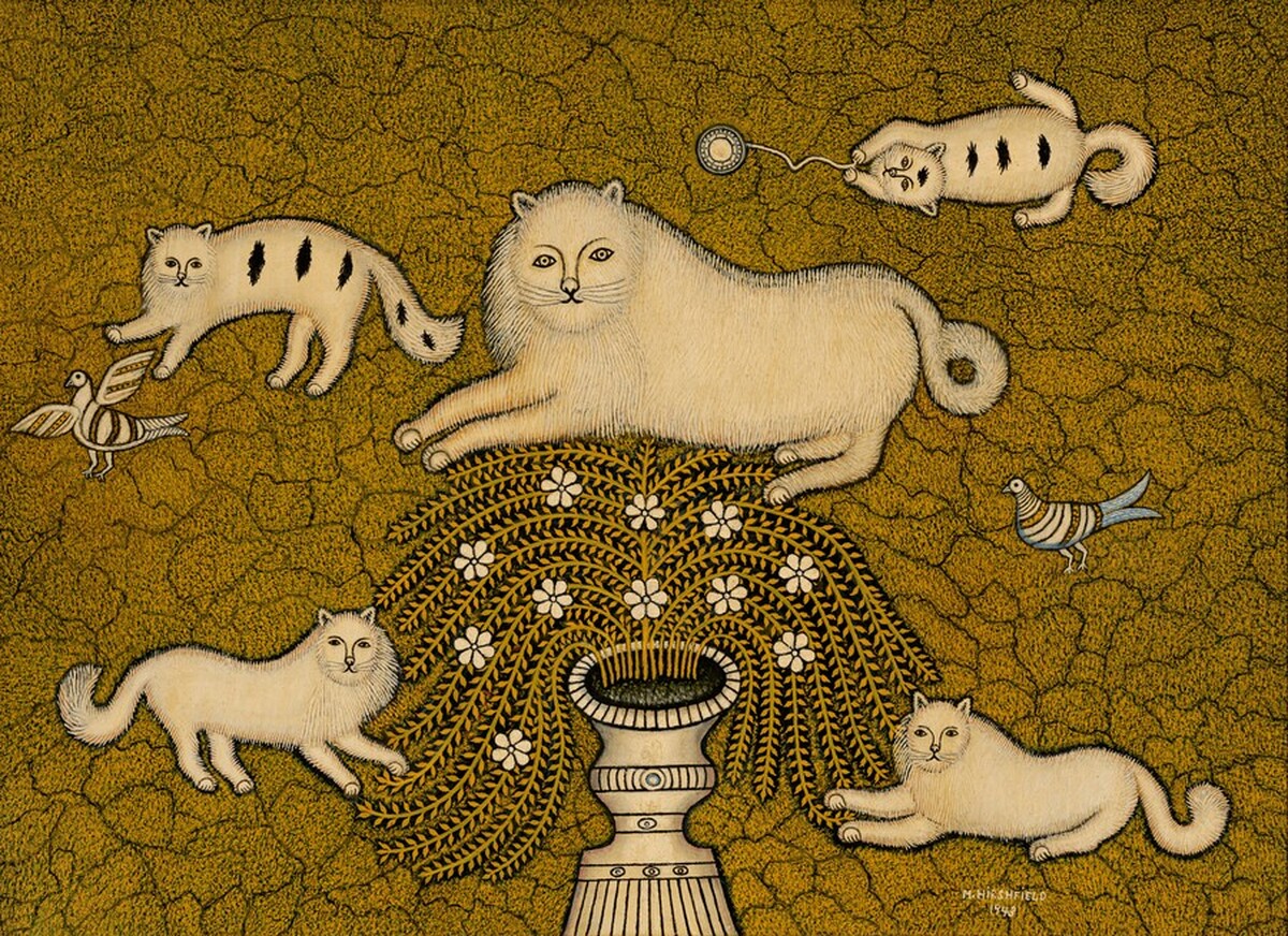 Cat and Kittens on the Grass by Morris Hirshfield
