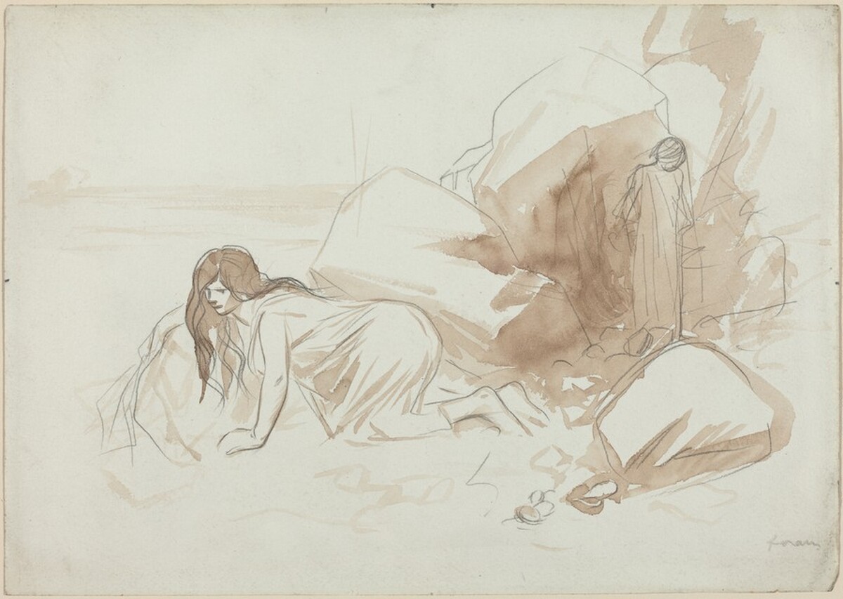 Woman on a Beach with Sketch of Standing Figure in Background by Jean-Louis Forain