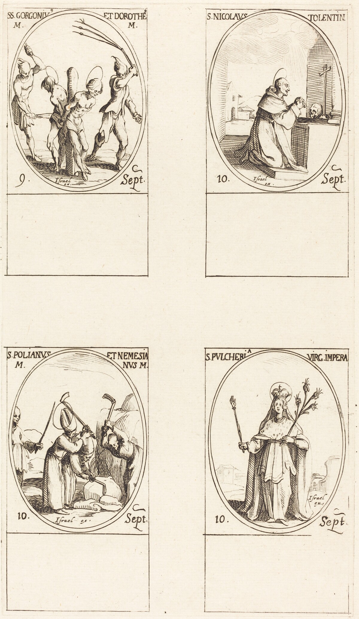 Sts. Gorgonius & Dorothy; St. Nicholas of Tolentino; St. Polianus & Nemesian; St. Pulcheria by Jacques Callot