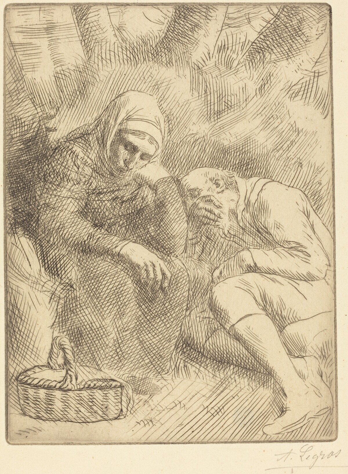 Man and Wife Seated by the Road with a Basket(Homme et femme assis au bord de la rou te aven un panier) by Alphonse Legros