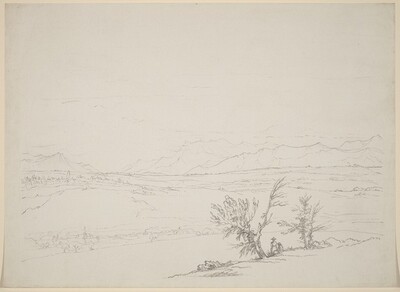 An Alpine Landscape with a Couple Seated by Trees Overlooking a Valley