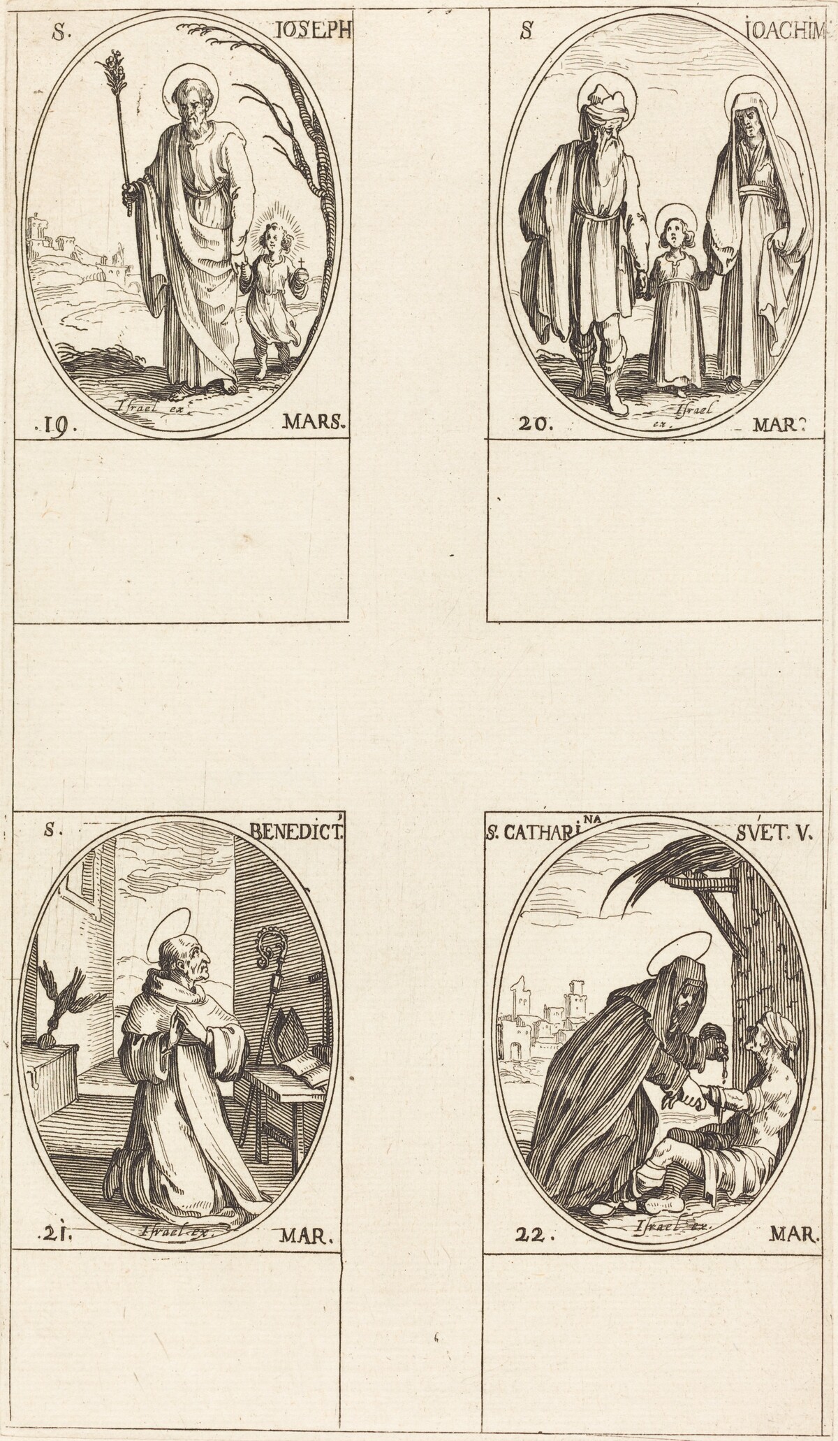 St. Joseph; St. Joachim;  St. Benedict, Abbot; St. Catharine of Sweden by Jacques Callot