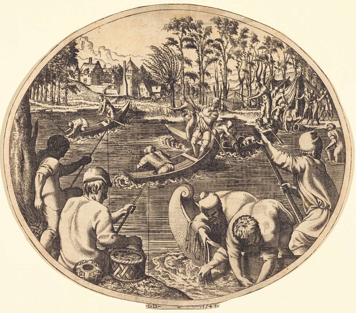 Fishing Scene by Léon Davent after Francesco Primaticcio