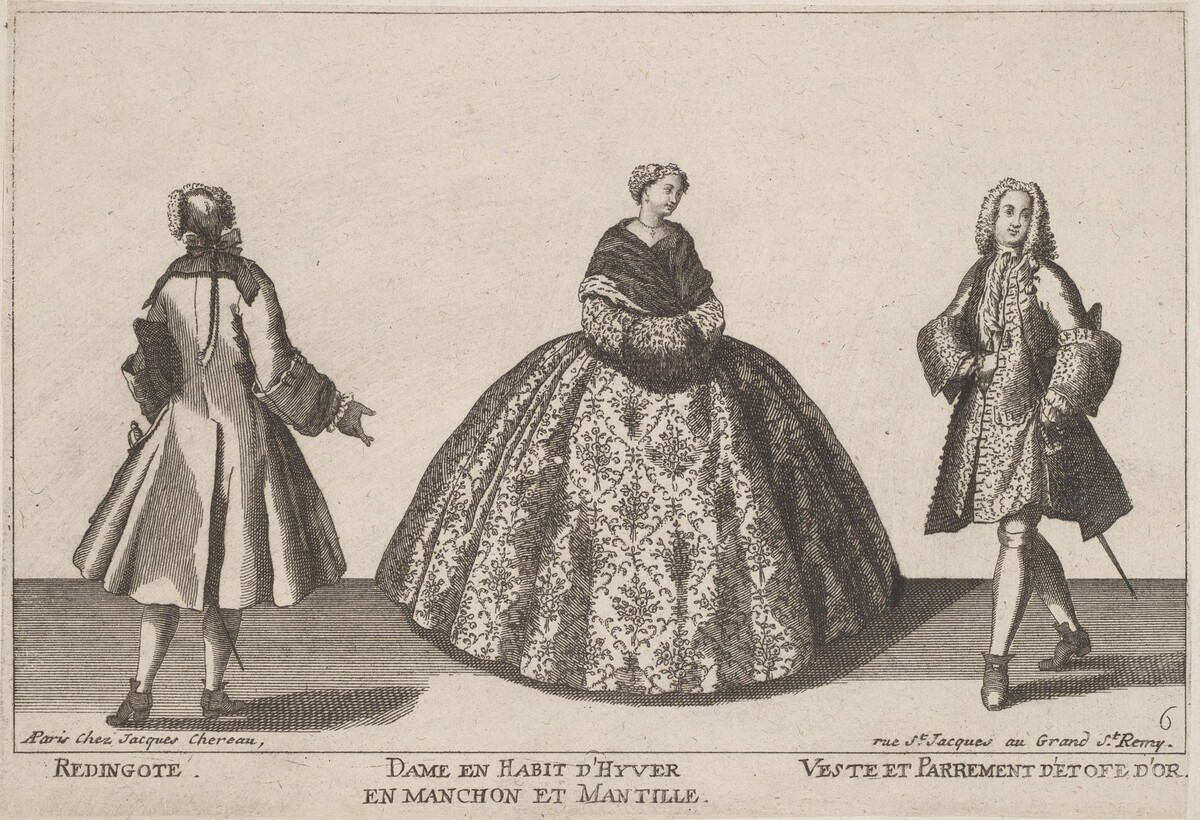 Redingote/Dame en Habit d'Hyver en Manchon/Veste et Parrement d'Etofe d'Or by published by Jacques Chéreau