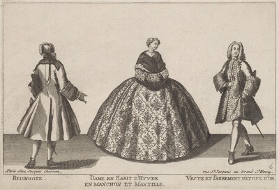 Redingote/Dame en Habit d'Hyver en Manchon/Veste et Parrement d'Etofe d'Or