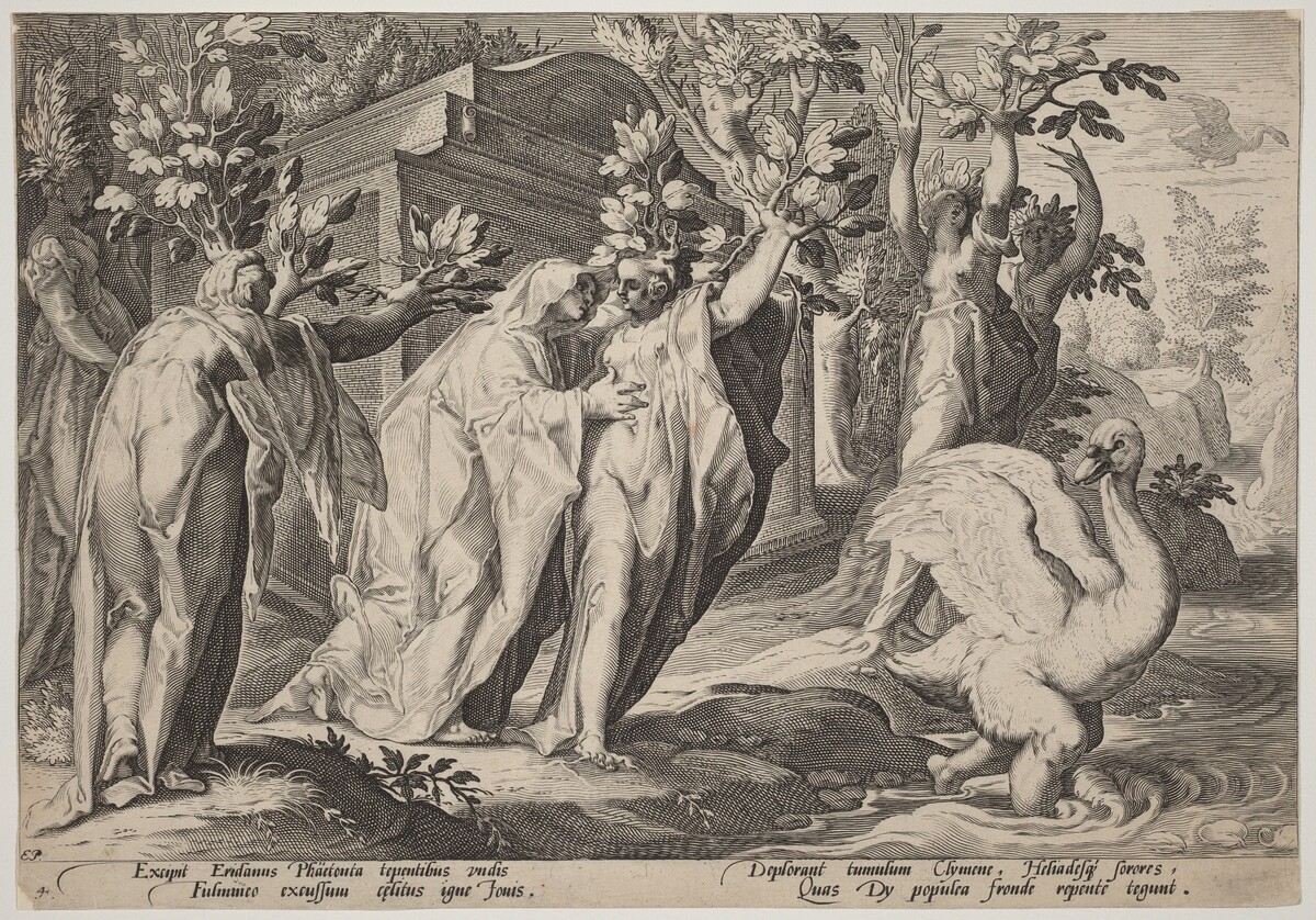 Phaeton's Sisters Changed into Poplars, and Cygnus into a Swan by Workshop of Hendrick Goltzius, after Hendrick Goltzius