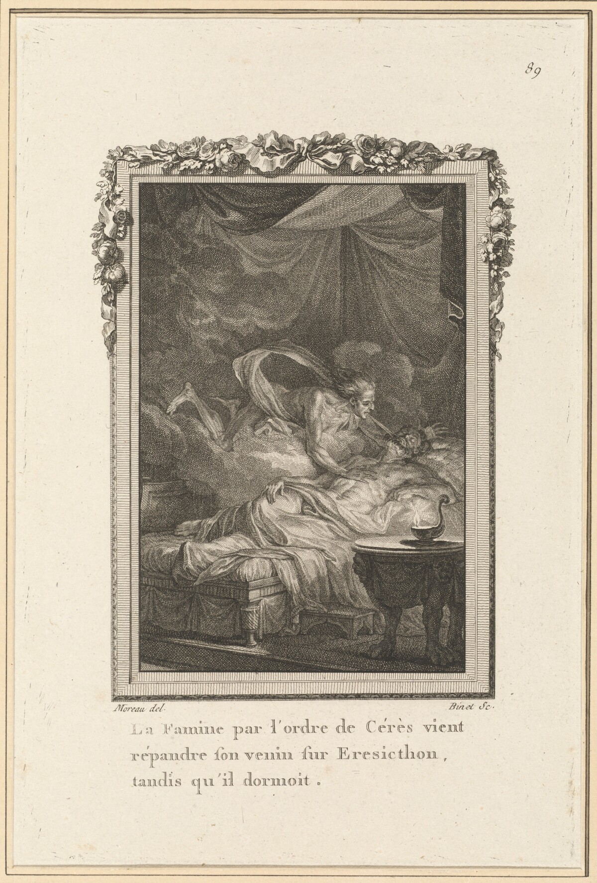 La Famine par l'ordre de Cérès vient répandre son venin sur Eresicthon, tandis qu'il dormoit by Louis Binet after Jean-Michel Moreau