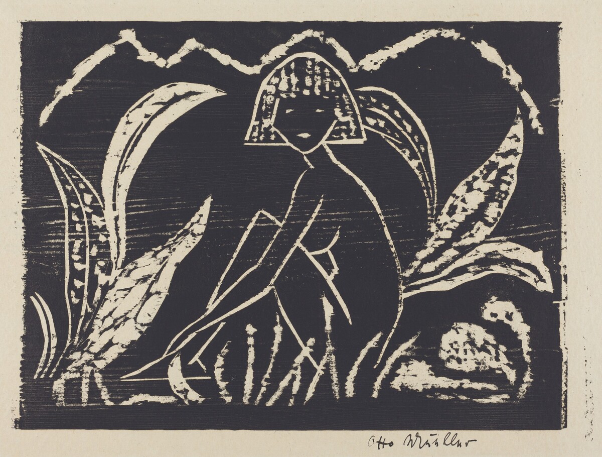 Nude Figure of a Girl in a Landscape (Madchenzwischen Blattpflanzen) by Otto Mueller