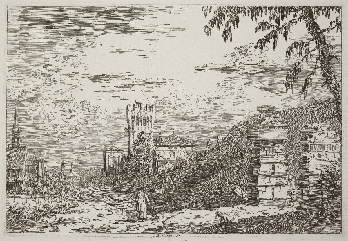 Landscape with Tower and Two Ruined Pillars [left] by Canaletto
