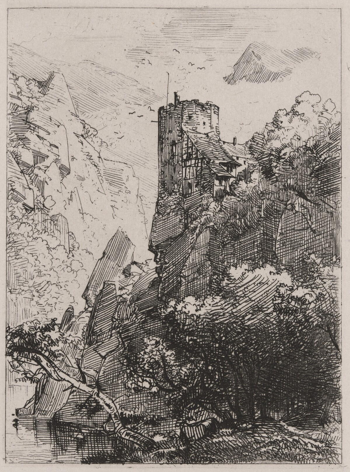 Watchtower on a Cliff with a Stream by Caspar Johann Nepomuk Scheuren