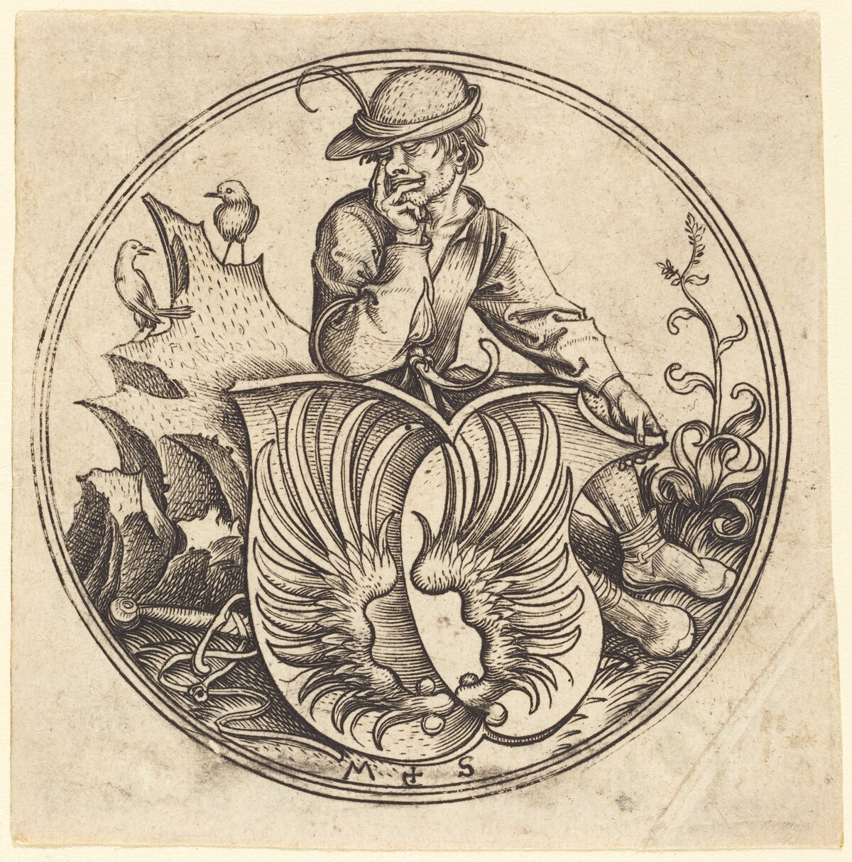 Shield with Wings, Held by Peasant by Martin Schongauer