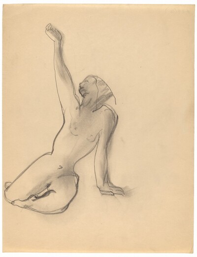 Female Nude Seated on the Ground, Left Arm Supporting Torso, Right Arm Raised