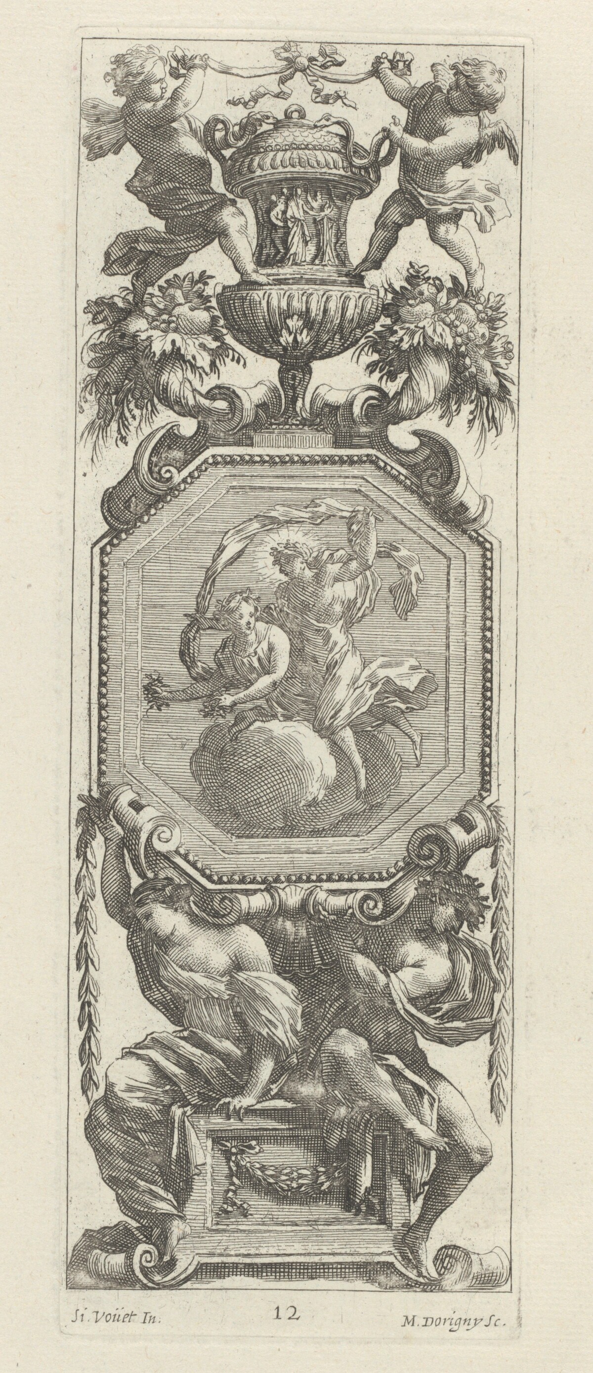 Ornamental Panel Surmounted by Two Putti and a Vase by Michel Dorigny, after Simon Vouet
