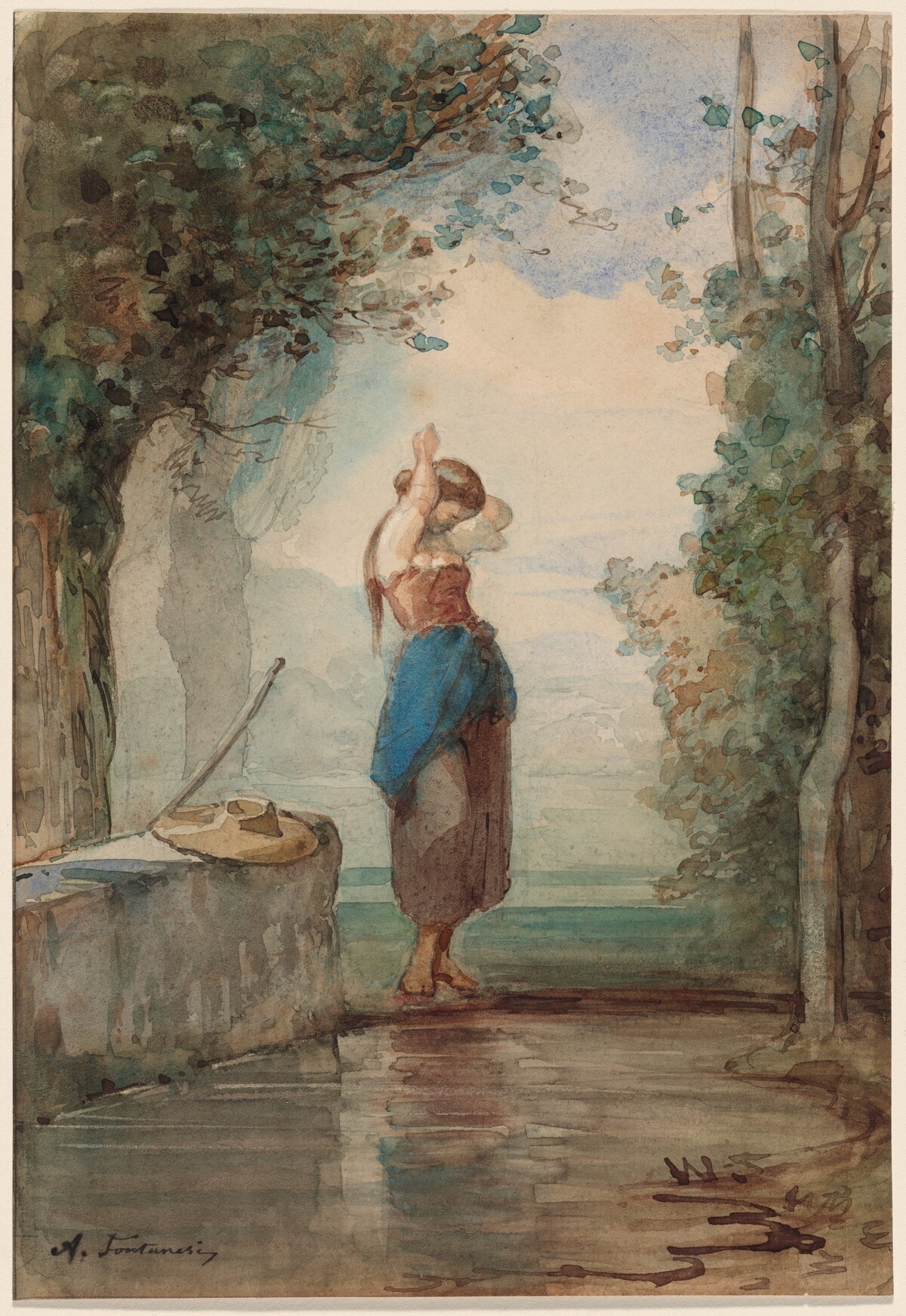 Young Girl Standing by a Stream by Antonio Fontanesi