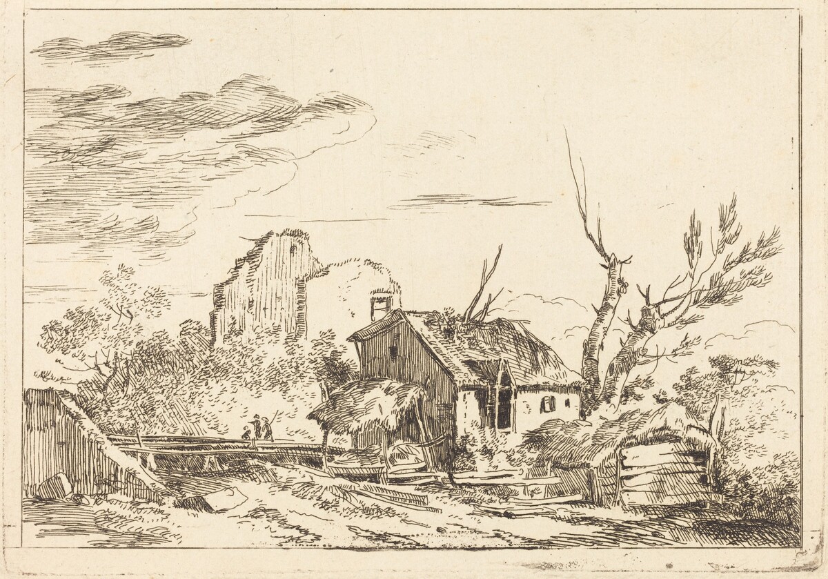 Hovel at the Bridge by Louis Gabriel Moreau the Elder