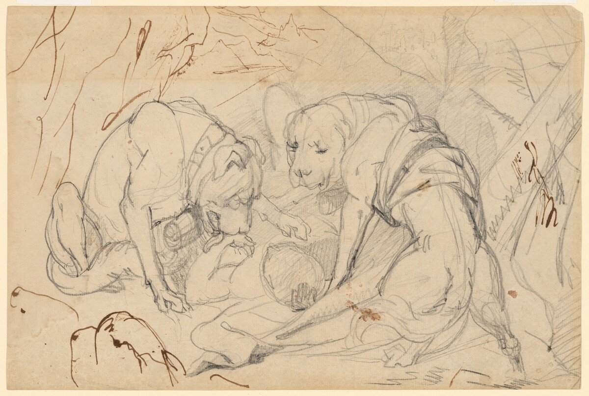 Study for "Alpine Mastiffs Reanimating a Distressed Traveler" (recto); Study for "Alpine Mastiffs Reanimating a Distressed Traveler" (verso) by Sir Edwin Landseer