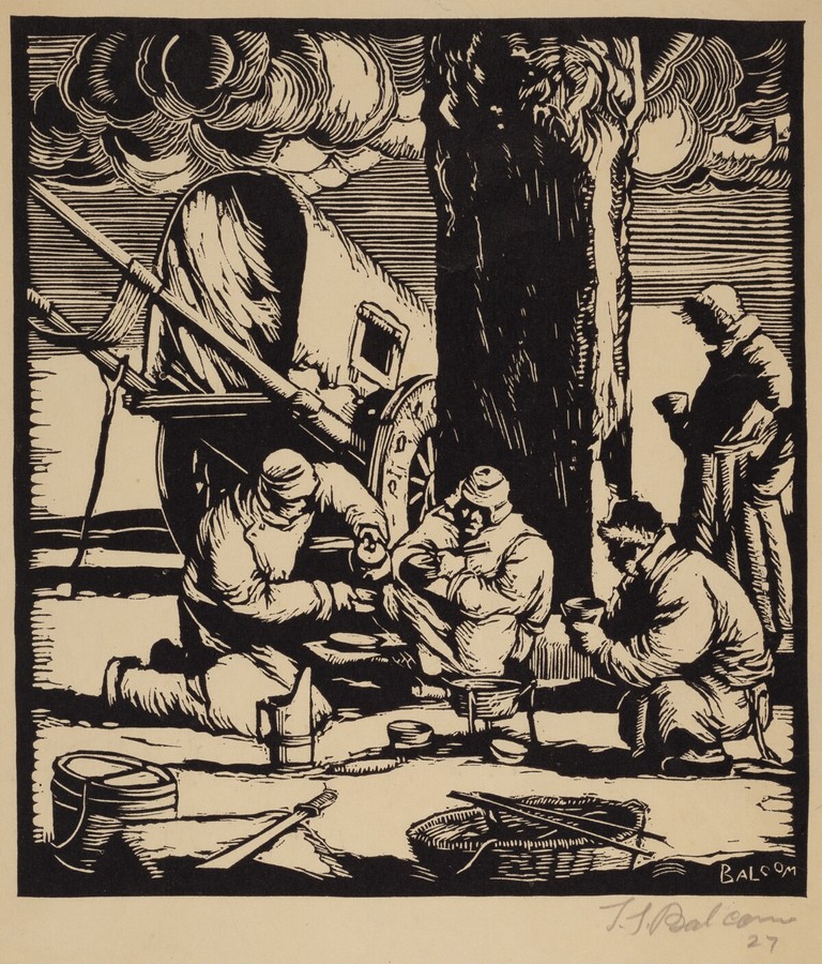 Untitled (Four Chinese Traders/Soldiers in Winter Coats, Brewing Tea) by Lowell Leroy Balcom