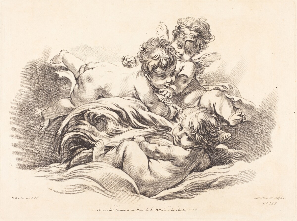 Three Cherubs Playing on Dolphin Like Wave by Gilles Demarteau, the Elder after François Boucher