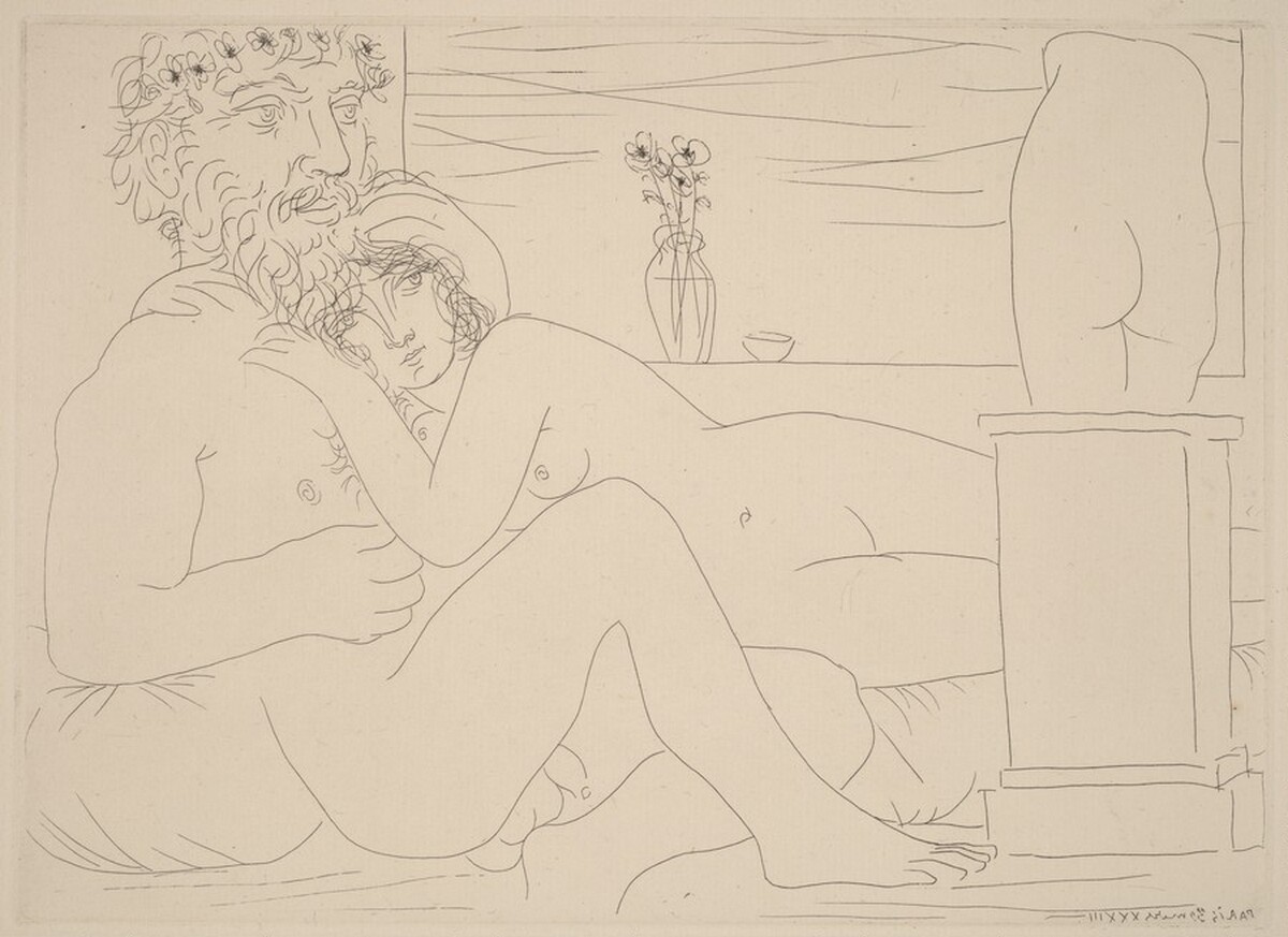 Sculptor Reclining with His Model before a Small Torso (Sculpteur au repos avec son modèle, anémones et Petit Torse) by Pablo Picasso