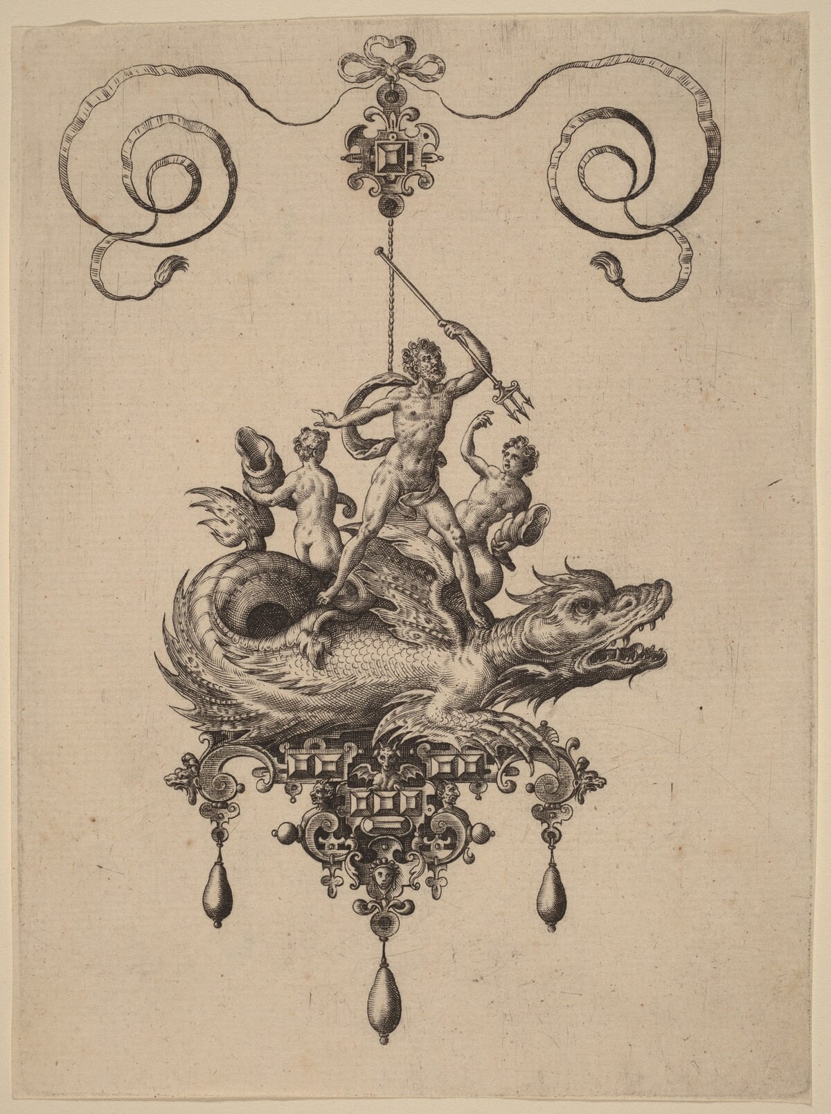 Design for a Pendant with a Sea-Monster Carrying Neptune Flanked by Two Figures by Hans Collaert the Elder