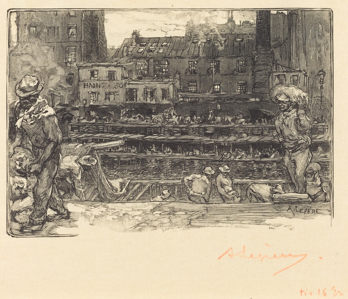 Unloading, Canal St. Martin (Les dechargeurs de platre, Canal Saint-Martin) by Auguste Lepère