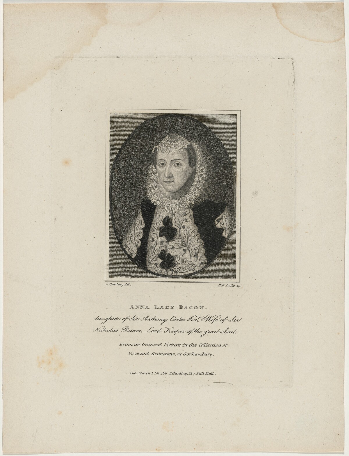 Anna, Lady Bacon, Daughter of Sir Anthony Cooke and Wife of Sir Nicolas Bacon by Henry Richard Cook, after Sylvester Harding