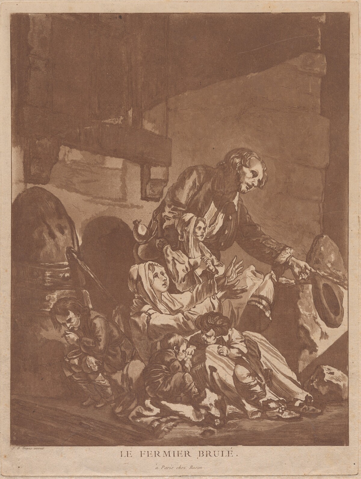 Le Fermier brulé (A Burnt-Out Farmer, Begging with his Family) by François-Philippe Charpentier, after Jean-Baptiste Greuze, published by Pierre-François Basan
