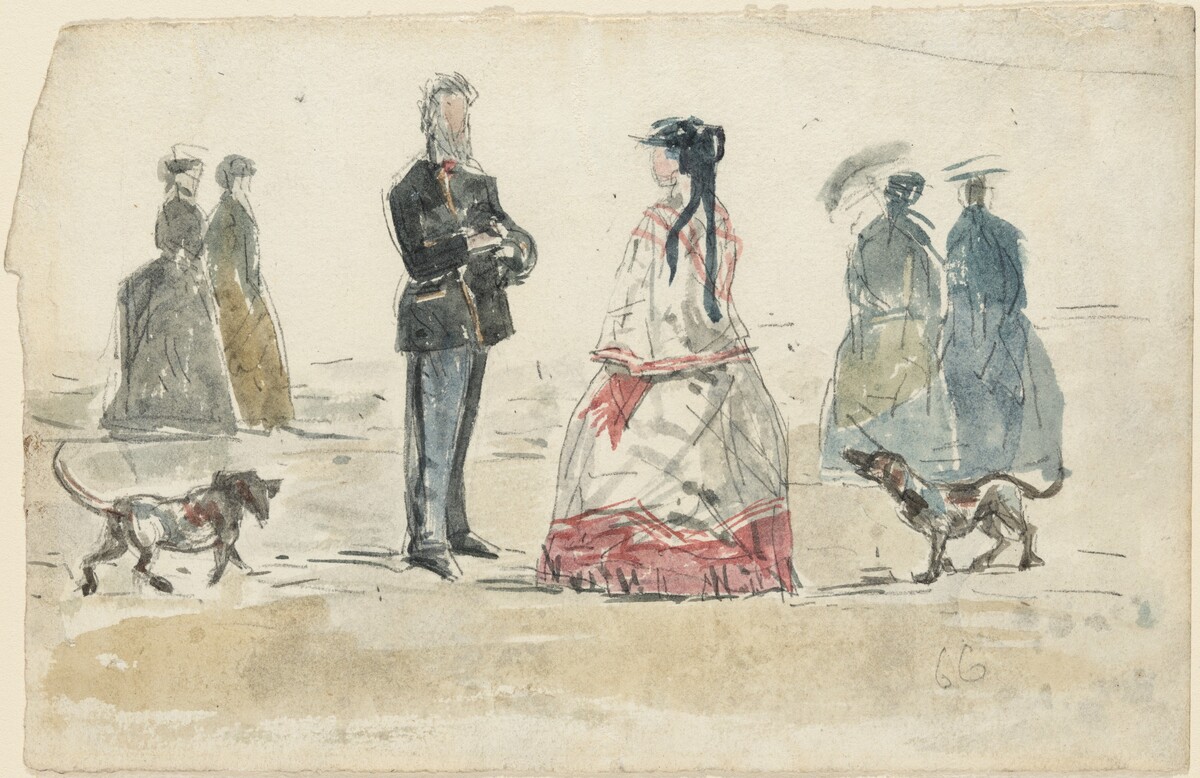 Ladies and Gentleman Walking on the Beach with Two Dogs by Eugène Boudin