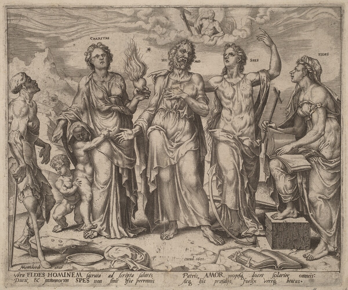 Man Assisted by Faith, Hope and Charity by after Maerten van Heemskerck