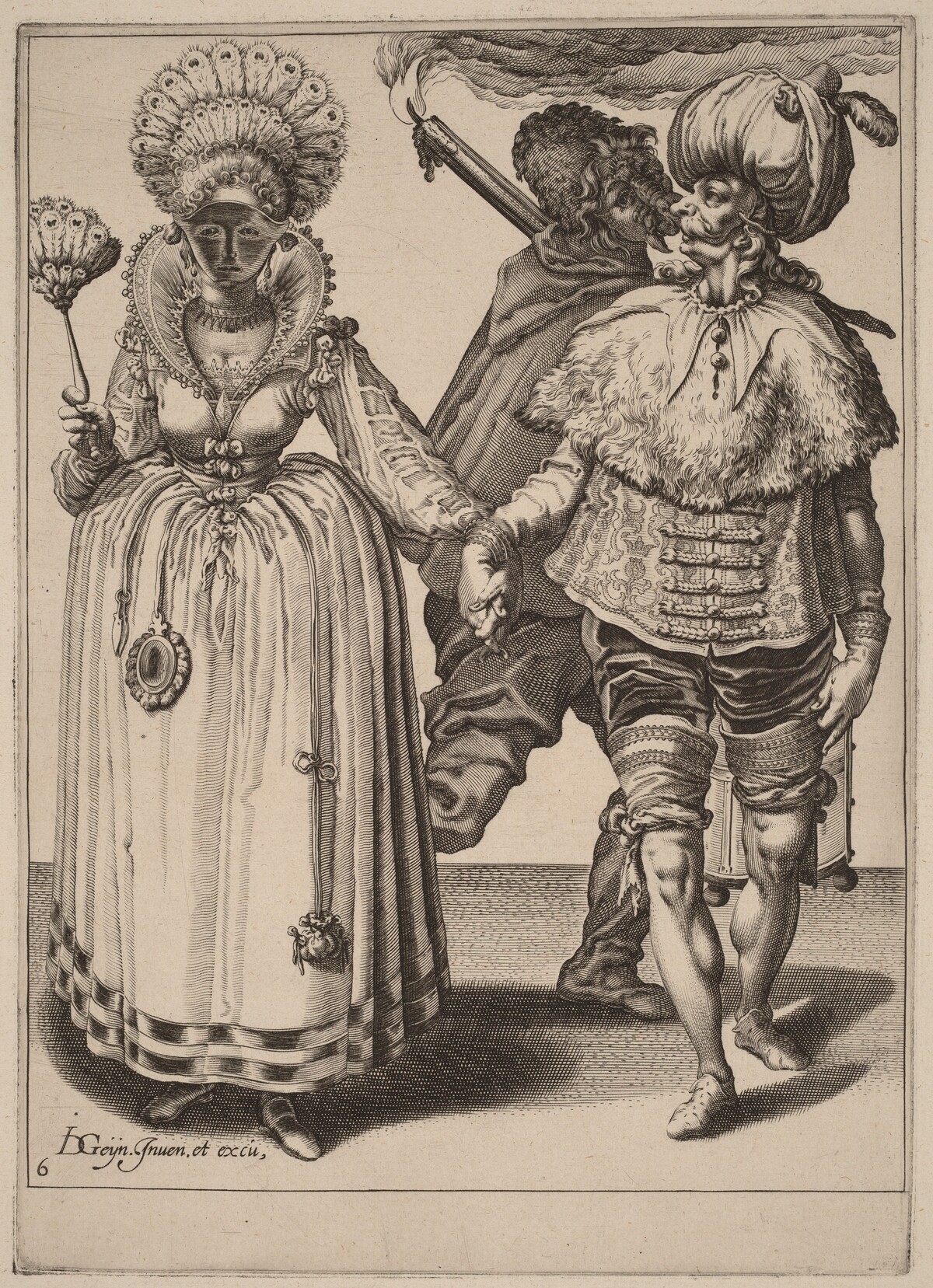 A Man with a Turban Leading a Woman Wearing Peacock Feathers by Attributed to Zacharias Dolendo after Jacques de Gheyn II