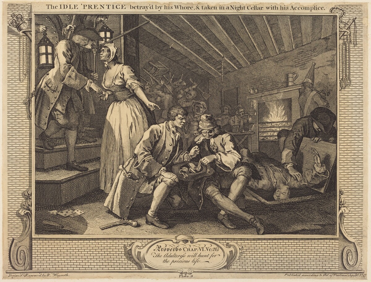 The Idle 'Prentice betray'd by his Whore, & taken in a Night Cellar with his Accomplice by William Hogarth