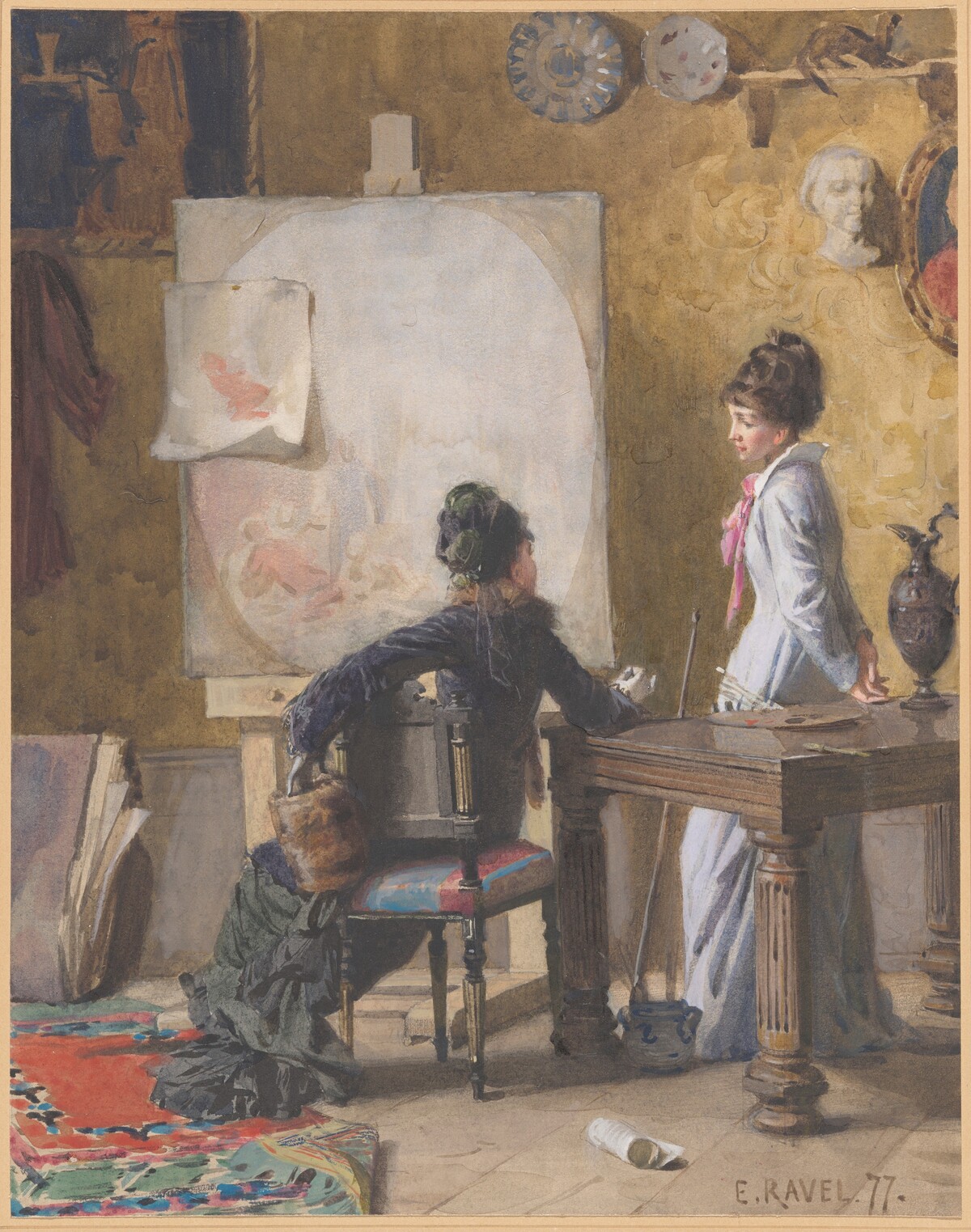 Adéle de Saussure and Marie-Louise Ravel, the Artist's Wife, in His Studio by Edouard Ravel