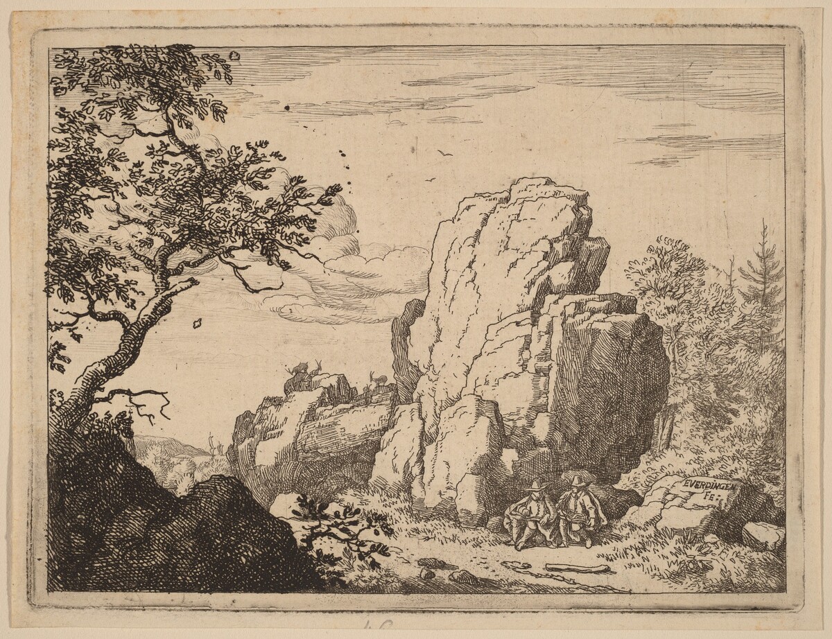 Two Men Seated at the Foot of a High Rock by Allart van Everdingen