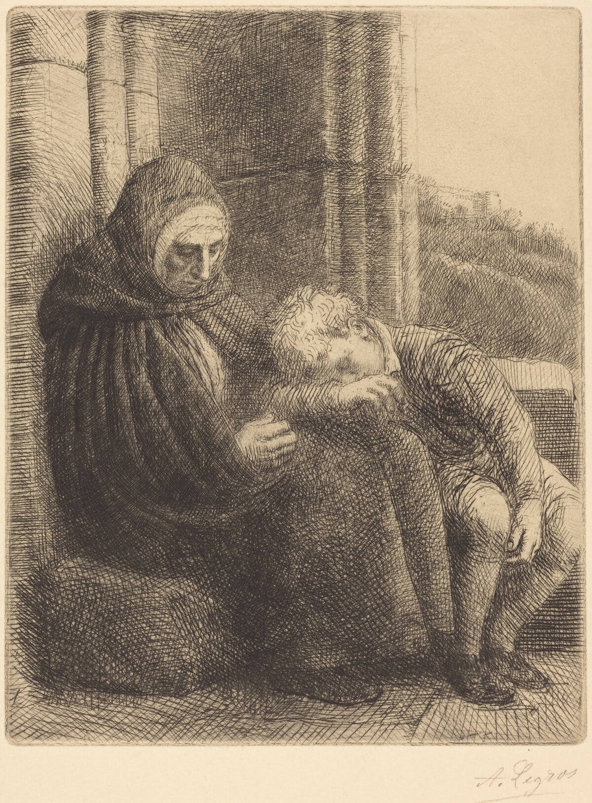 Woman Seated against a Wall, Child with His Head in Her Lap (Femme assise, muraille au fond, enfant la tete dans son giron by Alphonse Legros