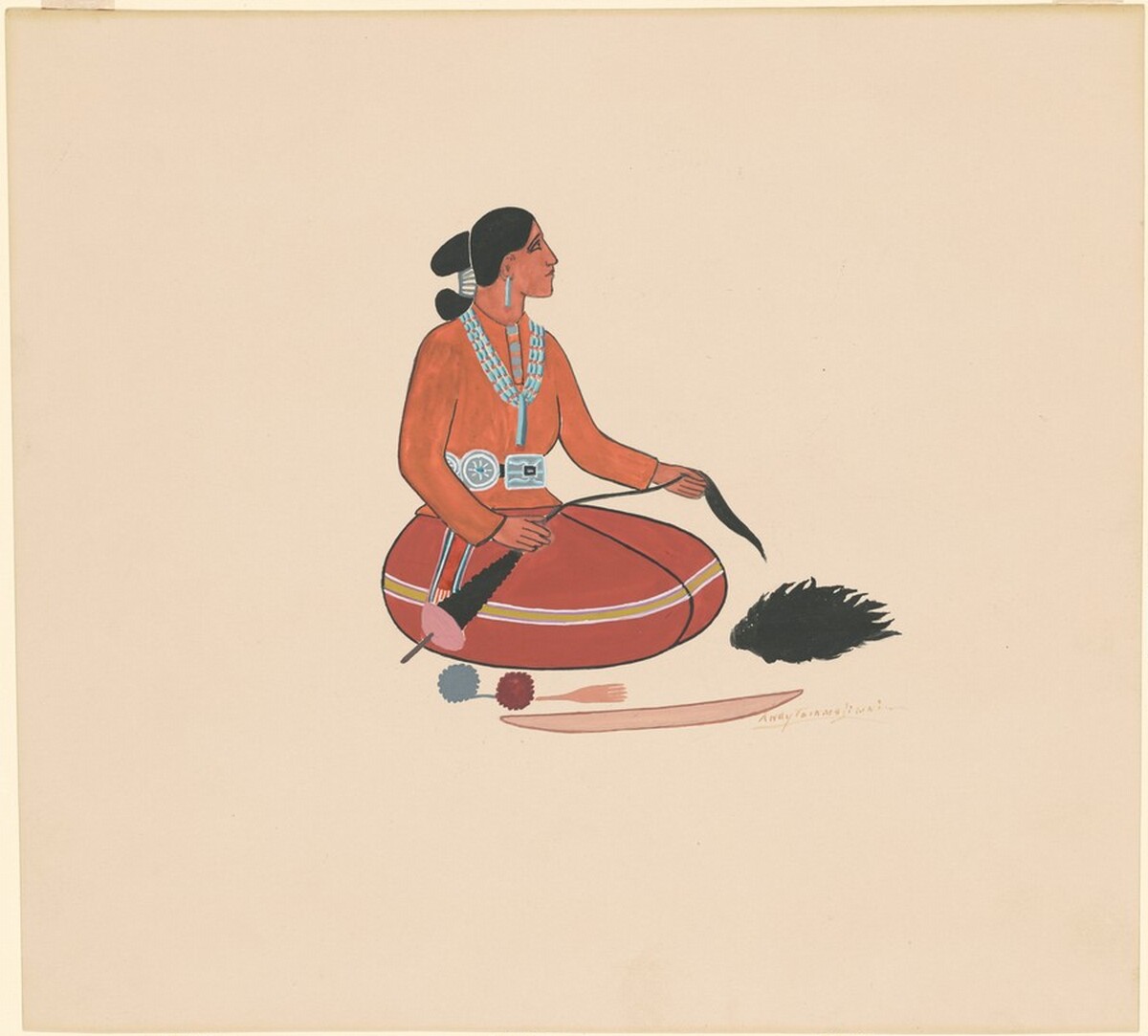 Navajo Woman Spinning Wool by Andrew Tsinajinnie