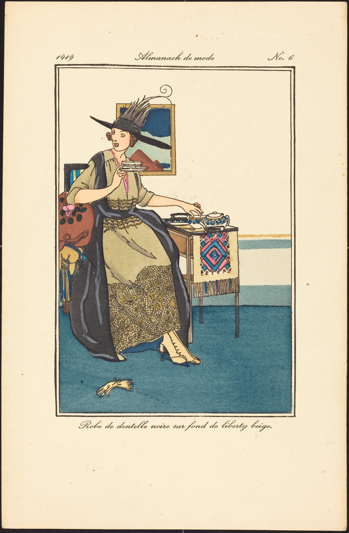 Robe de dentelle noire sur fond de liberty beige. by French 20th Century