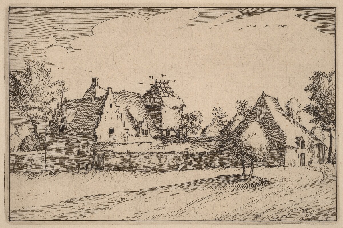 Walled Farm by Claes Jansz Visscher after Johannes van Doetechum, the Elder after Lucas van Doetechum after Master of the Small Landscapes